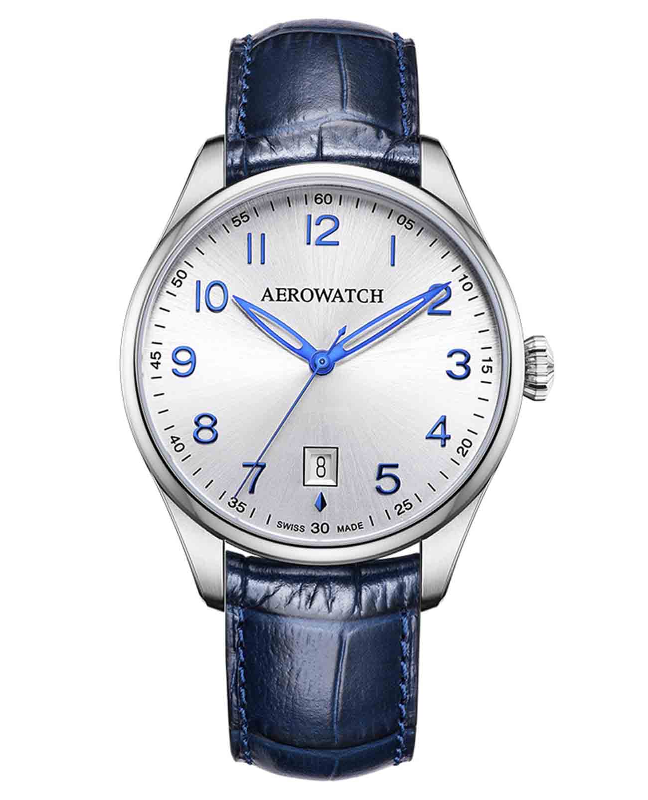 Aerowatch Aerowatch Les Grandes Classiques 42997 AA01  42997 AA01 кварцевые мужские часы серебристый циферблат, браслет кожаный — вид спереди